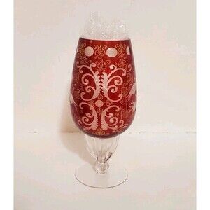 Bohemian Czech Cranberry Ruby Crystal Goblet Oversized Thick Foot Cut To Clear
